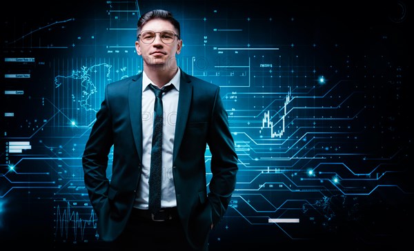 Confident man is standing in a business suit on the background of a stock exchange hologram. Stock broker and trader. Business investment.