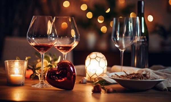 Romantic dinner setting with red wine and heart decorations under candlelight AI generated