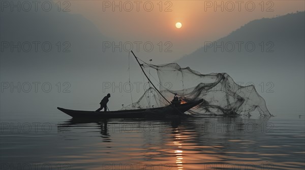 Solitary fisherman on a misty lake casting a net from a boat at sunrise