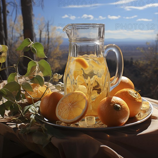 Sunlit pitcher of orange juice with ice and oranges outdoors