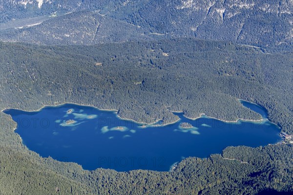 View from the Zugspitze to the Eibsee lake