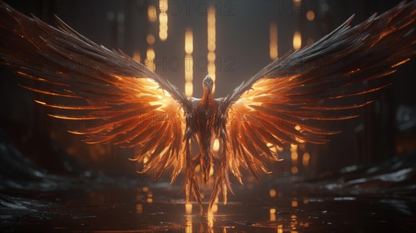 Fantasy bird figure. Burning phoenix on dark background. Fantasy background concept. Flame wings AI generated