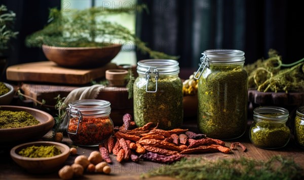 Spices and herbs on the table in composition with kitchen accessories AI generated