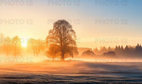 Lone tree amidst a misty field bathed in golden hour light AI generated