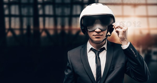 Portrait of a man in a helmet and a mask for sleeping stands at the airport. He picks up the visor. Airline concept. Caring for passengers.