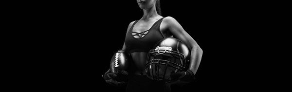 No name portrait of woman with ball and helmet for playing American football. Sports concept.
