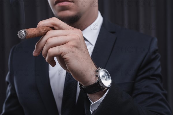 Portrait of a stylish man in a suit with a cigar. Business concept.