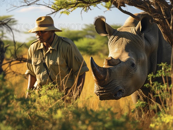 Ranger wearing a hat observing a rhinoceros in a natural setting during daytime