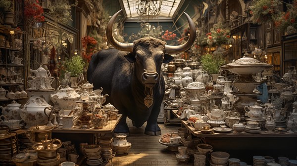 Very large bull with horns in a China shop filled with glassware. generative AI