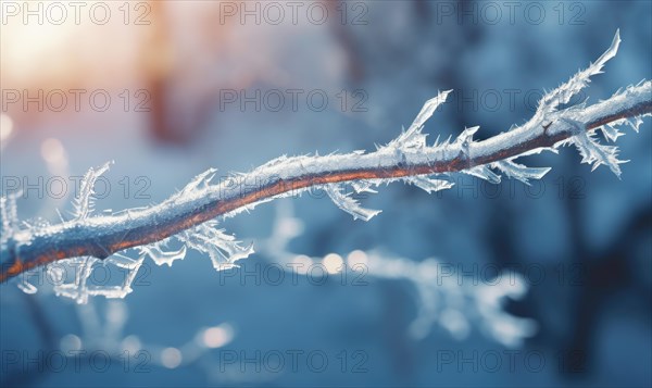 A single branch with frost crystals stands out in the gentle light of sunrise AI generated