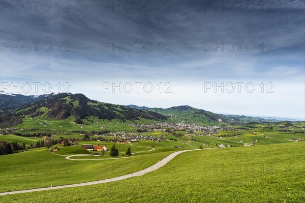 Hilly landscape in Appenzellerland with farms and green meadows