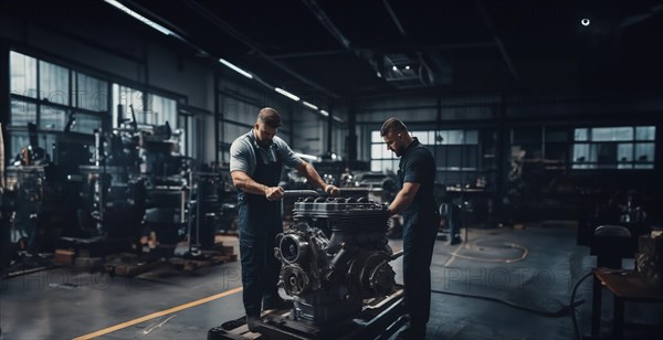 Car engine repair in a car repair shop by an auto mechanic