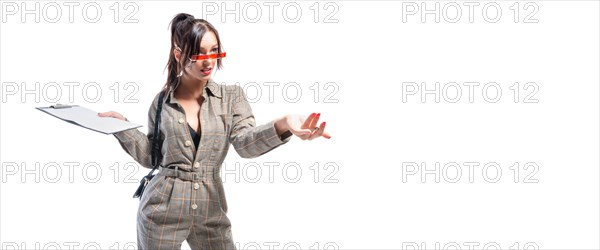 Image of a woman in a suit. She holds out her hand. Asks for money for shopping. Sales concept.