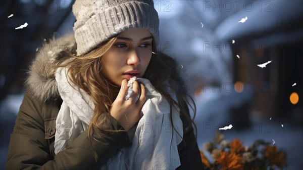 Young woman in winter attire using a tissue