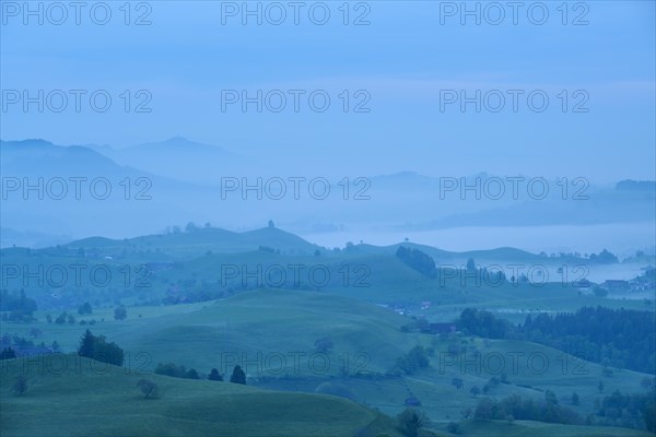 Moraine hill landscape with meadows and trees and some farms with morning fog and cloudy sky