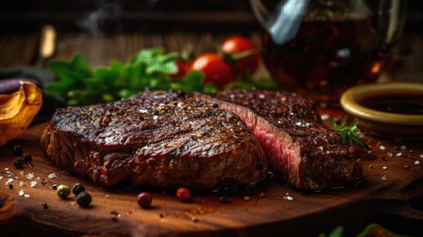 Grilled beef steak with fresh salad and cherry tomatoes on black background AI generated