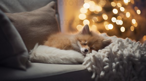 Cute little fox sleeping on sofa in room with Christmas tree and lights AI generated