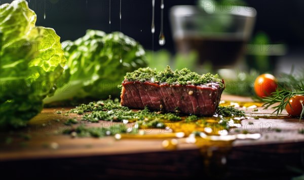 Grilled beef steak with herbs and spices on a wooden cutting board AI generated