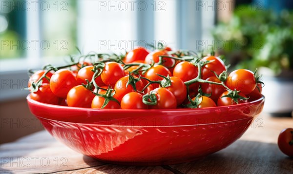 Cherry tomatoes in a bowl on a wooden table in the kitchen AI generated