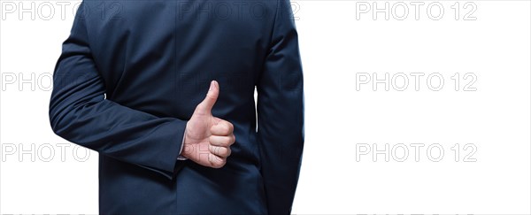 Image of a man's hands showing ok sign on a white background. Back view. Business concept.