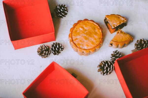 Top view of mooncakes and decor