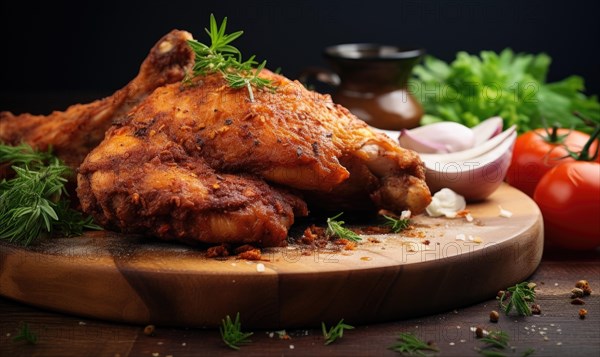 Grilled chicken on cutting board with herbs and spices on wooden table AI generated