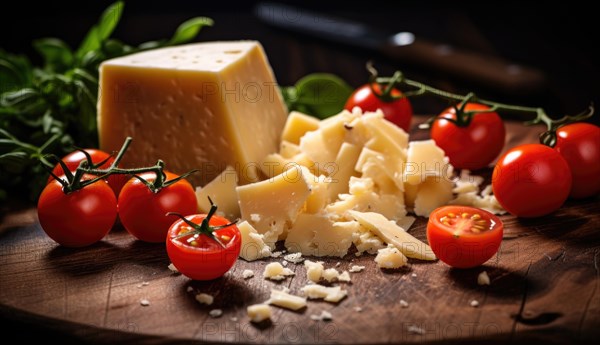 Parmesan cheese with cherry tomatoes and basil on a wooden board AI generated