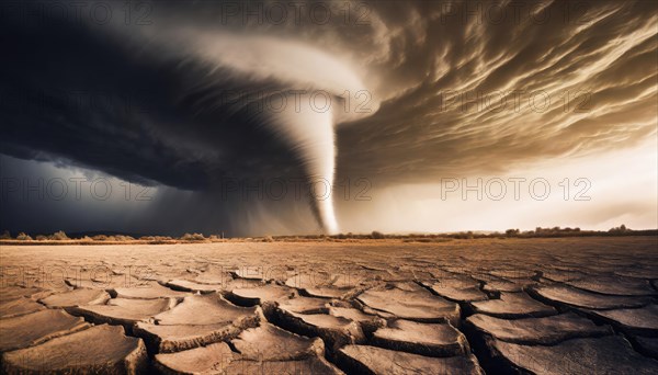 Big tornado storm above the desolate land. Dry cracked ground field and weather disasters caused by the global climate change. Environmental problem concept. AI generated art