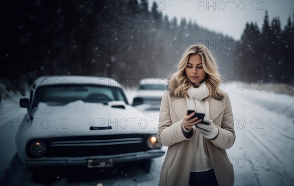 Female driver crashes her car on a slippery winter road in the snow