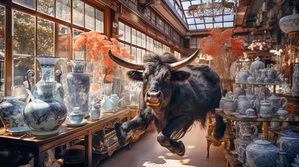 Very large bull with horns in a China shop filled with glassware. generative AI