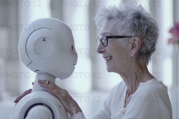 Elderly woman having fun with a white care robot controlled by artificial intelligence