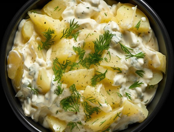Potato salad with dill and sauce on a black background. Top view AI generated