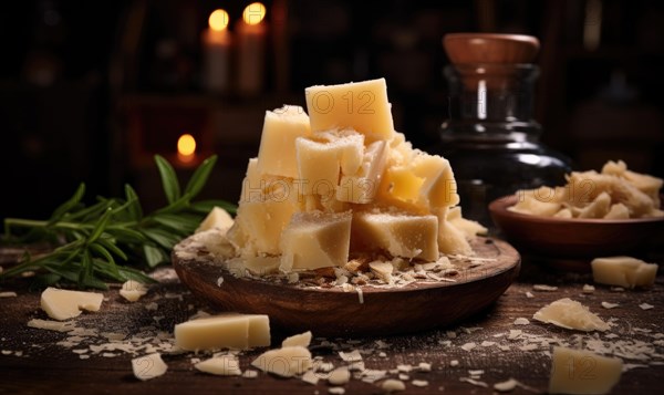 Pieces of parmesan cheese on a wooden board on a dark background AI generated