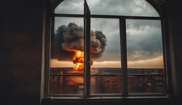 Nuclear explosion in the city view from the window