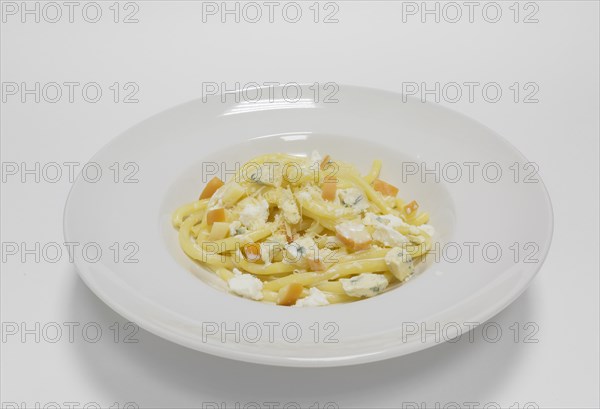 Gourmet pasta with different types of cheese. Blue cheeses. Top view.