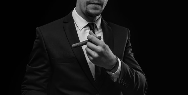 Image of an adult stylish man in a suit with a cigar. Cigar clubs concept.