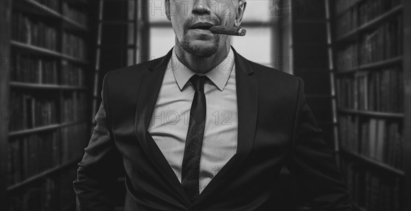 Portrait of a stylish man in a suit with a cigar. Business concept.