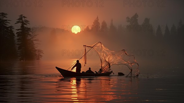 Fisherman on a boat casting a net on a foggy lake at sunset with forest in the background
