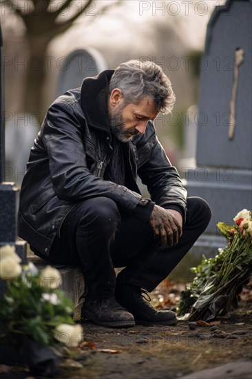 Man sitting sadly at gravestone