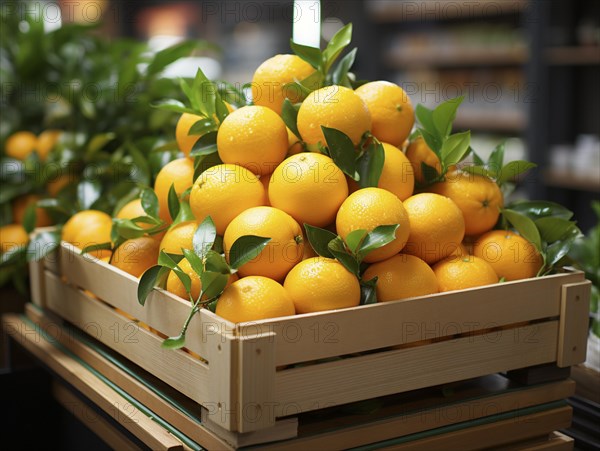 Fresh oranges with green leaves in a wooden crate