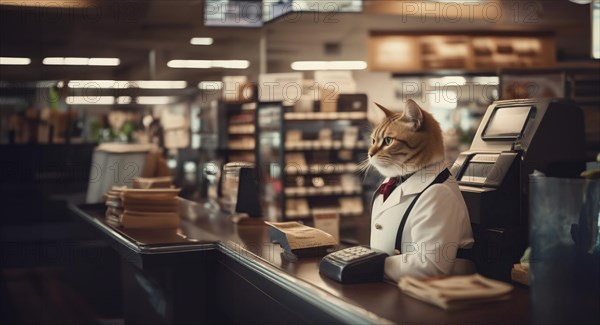 Cat cashier in a store behind the cash register