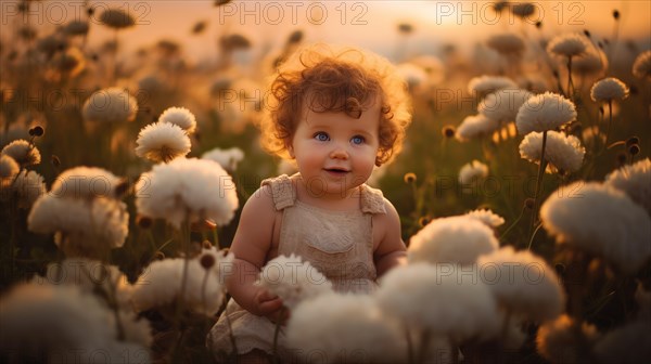 Cute baby girl playing in dandelions field at sunset AI generated