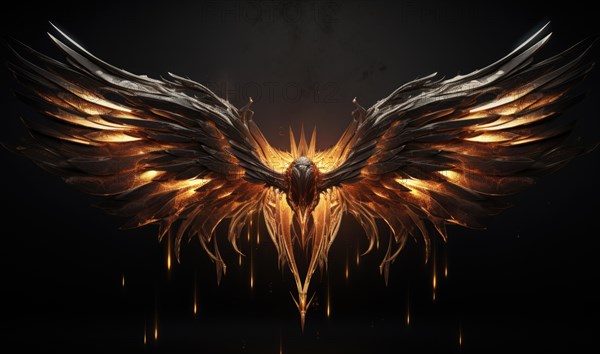 Fantasy bird figure. Burning phoenix on dark background. Fantasy background concept. Flame wings AI generated