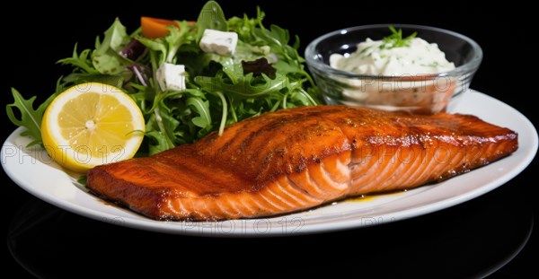 Grilled salmon with arugula salad and tartar sauce on black background AI generated