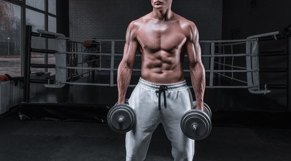 Handsome young man working out with dumbbells in the gym. Shoulder pumping. Fitness and bodybuilding concept.