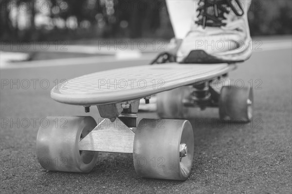 Images of a leg standing on a skateboard. Sunny evening in the park. Skateboarding concept.