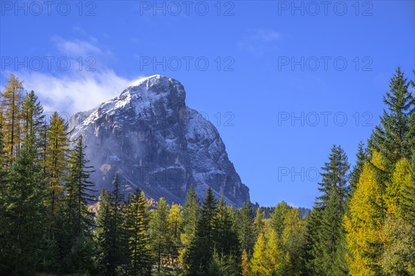 Freshly snow-covered Peitlerkofel and autumn forest