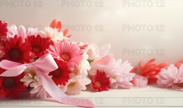 Colorful bouquet of gerbera daisies tied with a pink ribbon against a white background AI generated