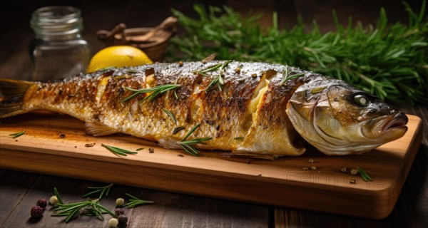 Grilled carp with lemon and rosemary on a wooden board AI generated