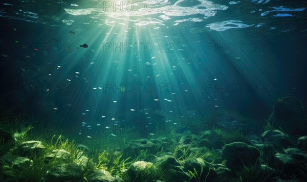 Underwater view of coral reef with fish and rays of sunlight AI generated